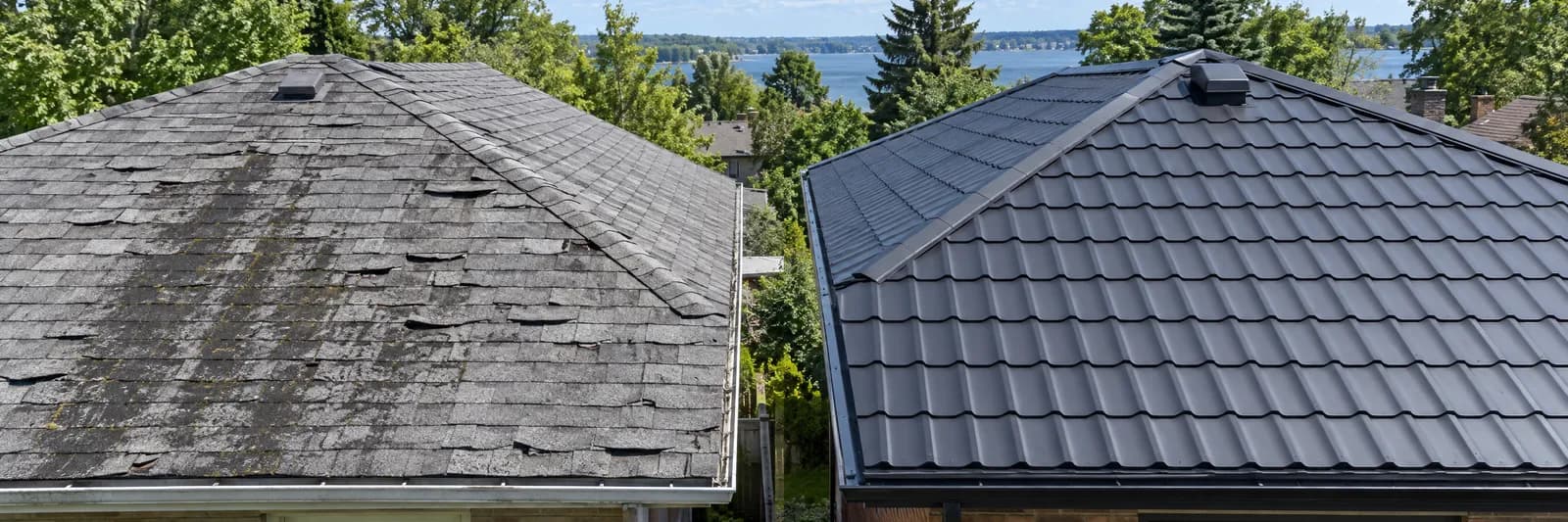 An ageing asphalt shingle roof beside a black metal tile roof on neighbouring Ontario houses