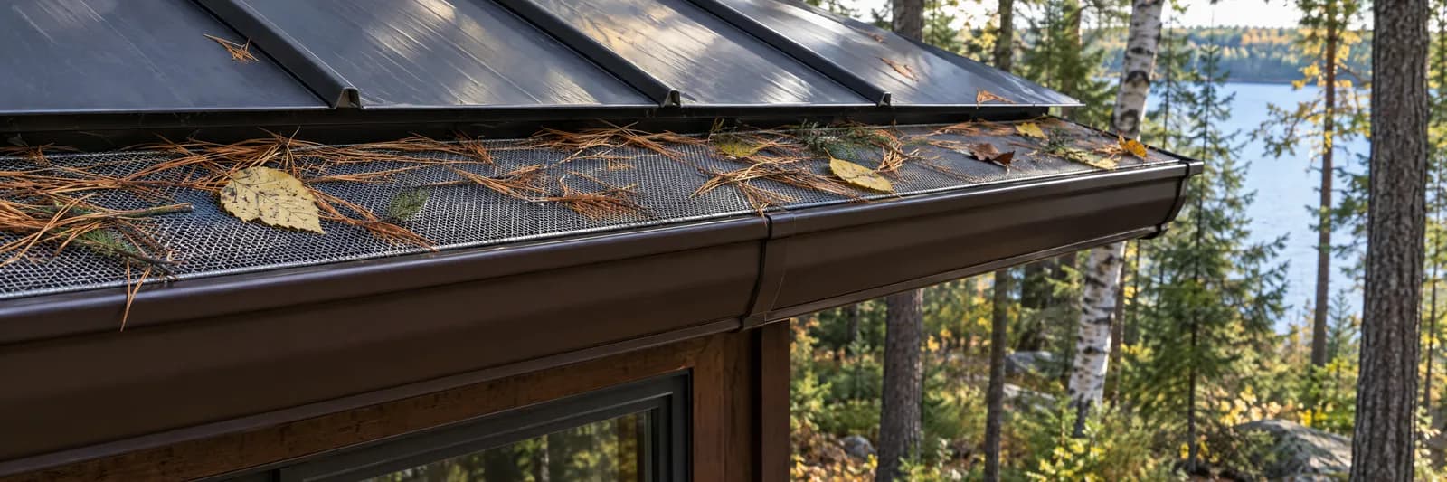A mesh gutter guard holding pine needles above an eavestrough at a cottage