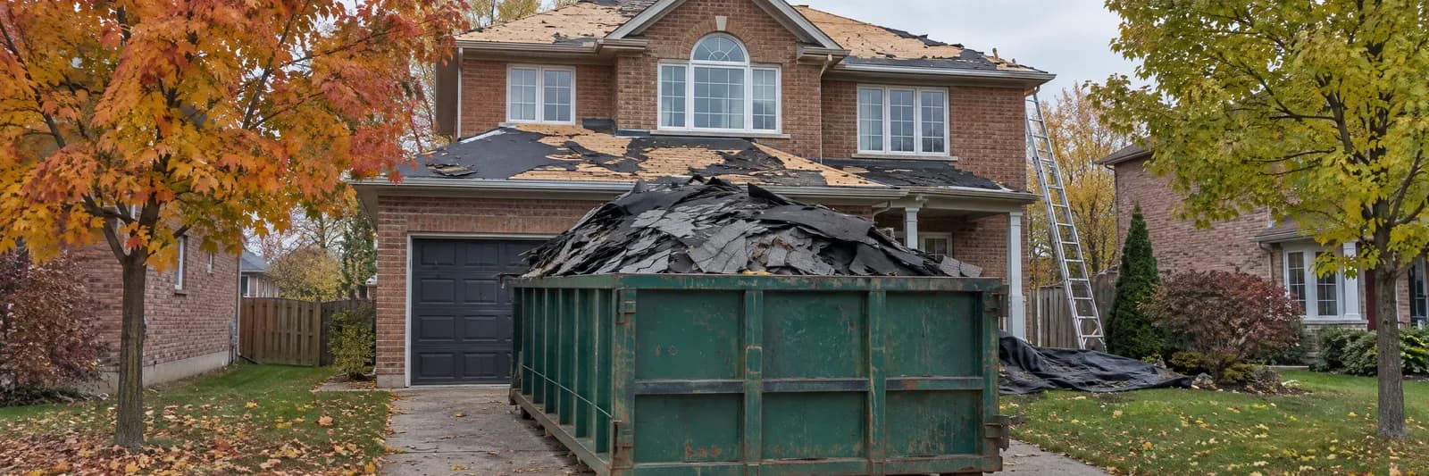 Torn-off asphalt shingles filling a dumpster in an Ontario driveway