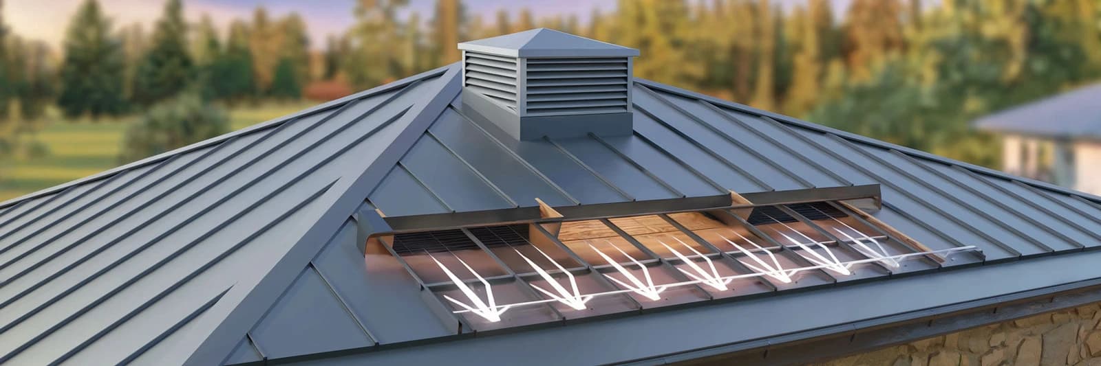 Illustration of air moving under a standing seam metal roof to a ventilator at the peak