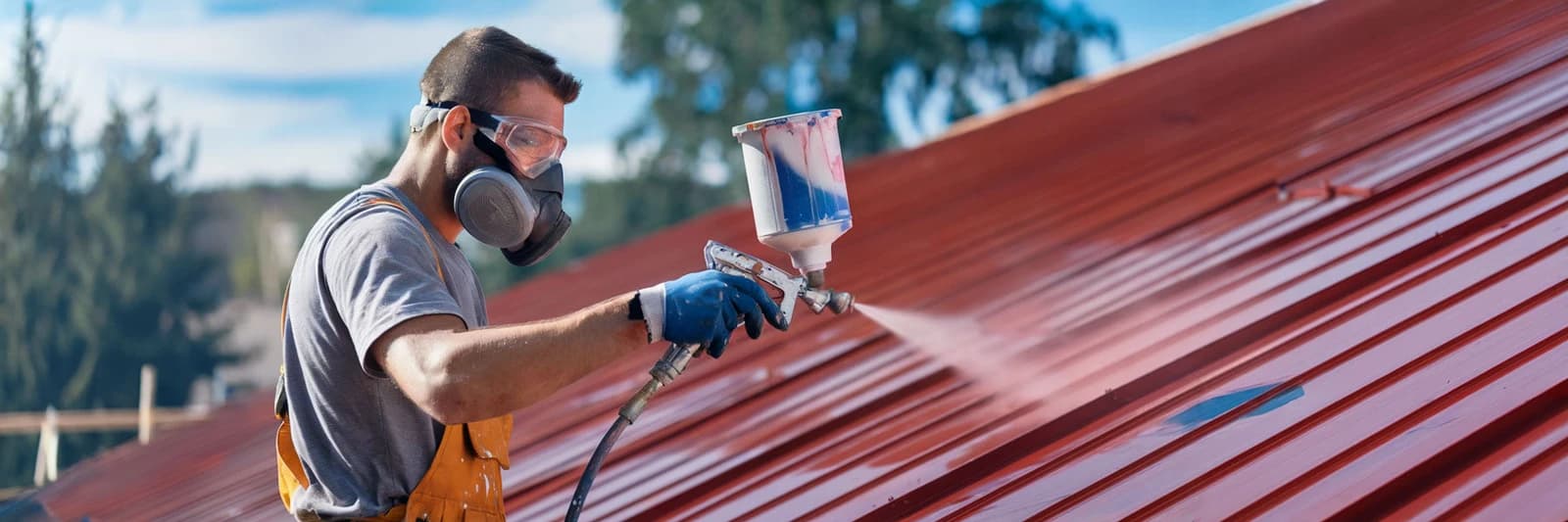 a man spray-painting a metal roof