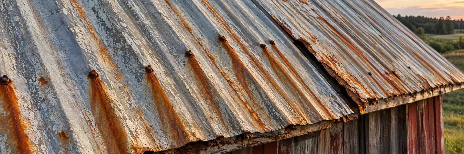 Rust streaks running from screw heads on an old corrugated steel barn roof