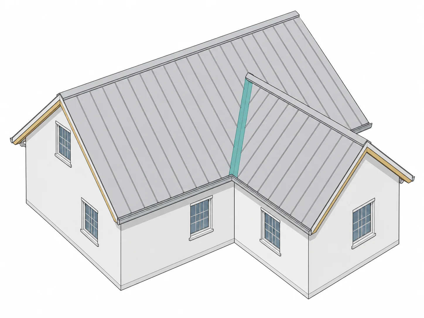 Architectural drawing of a gable roof and intersecting wing, showing the ridge, sloping edges and inner valley.