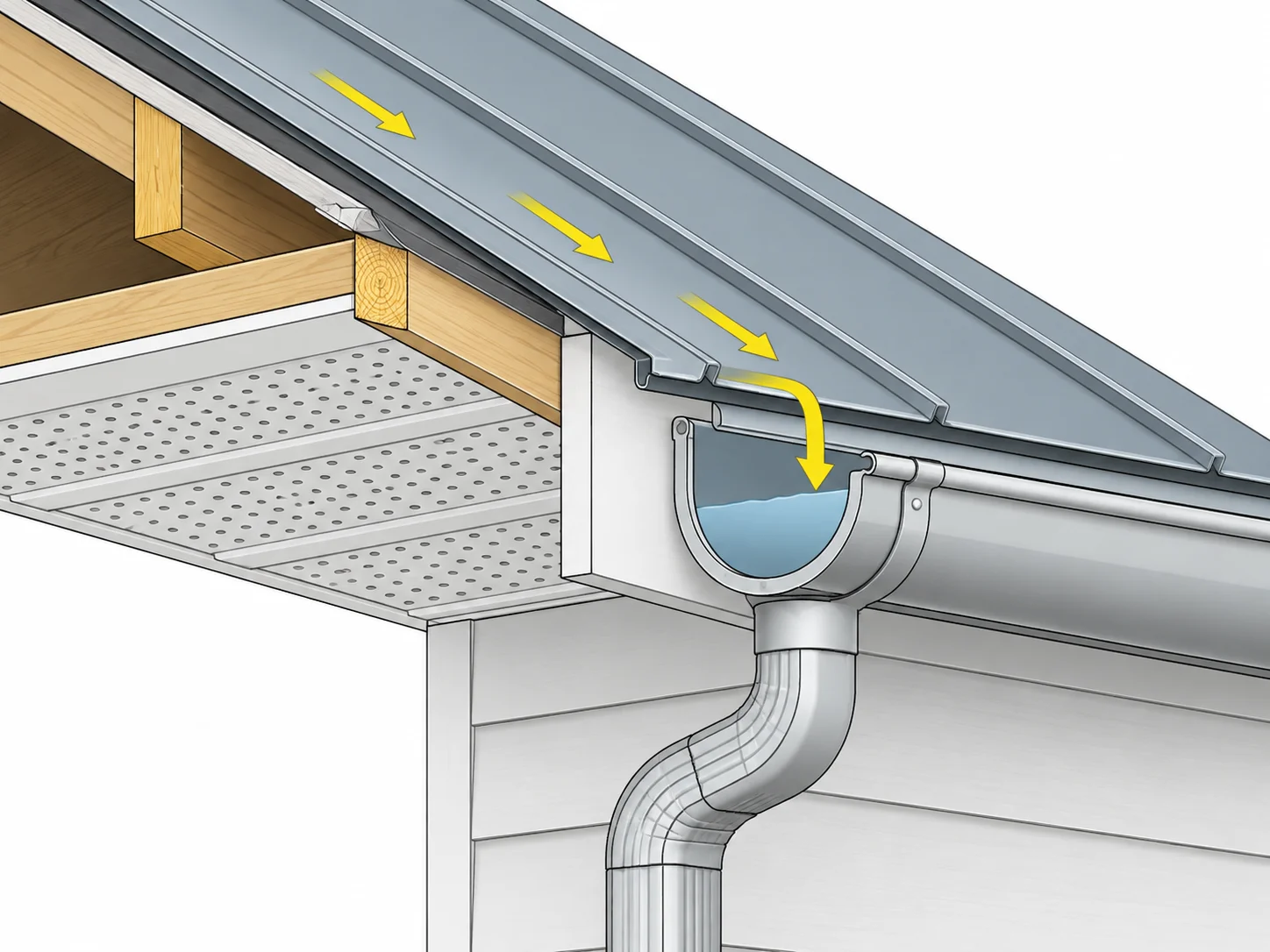Roof edge cutaway showing roof covering, drip edge, fascia, soffit, gutter and downspout.