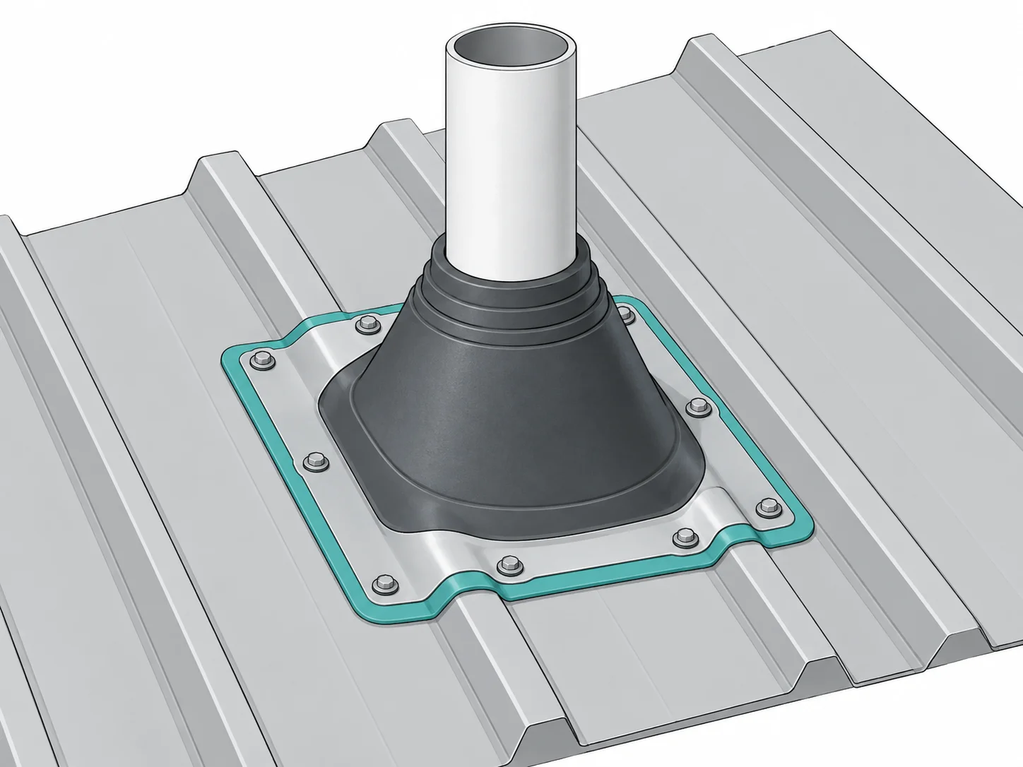 Round vent pipe passing through a flexible flashing boot on a sloping metal roof.