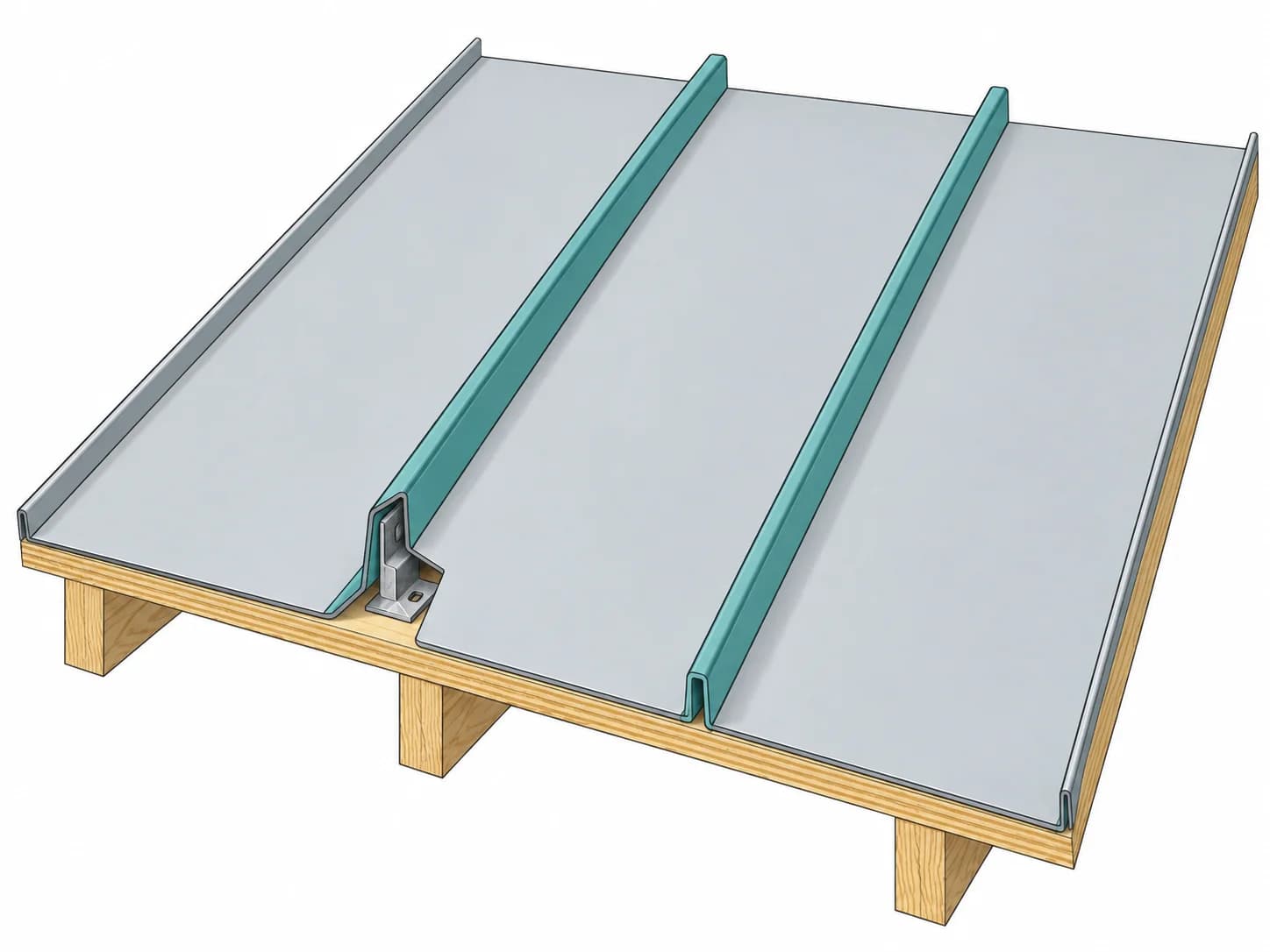 Metal panel detail showing raised standing seams and a cutaway of a concealed attachment clip.