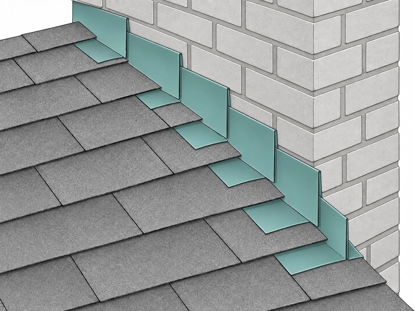 Close-up of individual teal step-flashing pieces interwoven with shingles beside a masonry wall. The upper flashing termination is omitted to show the step-flashing layer.