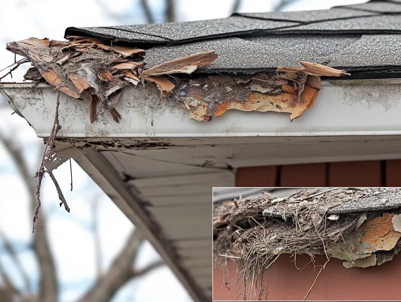 Damaged roof-edge timber and fascia with exposed gaps