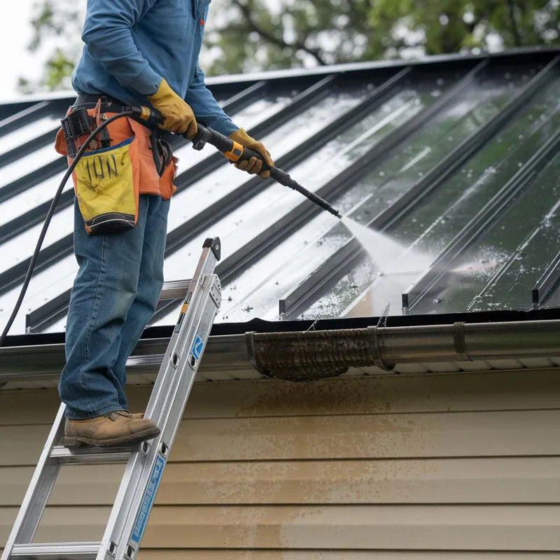 Cleaning the surface of a sloping metal roof