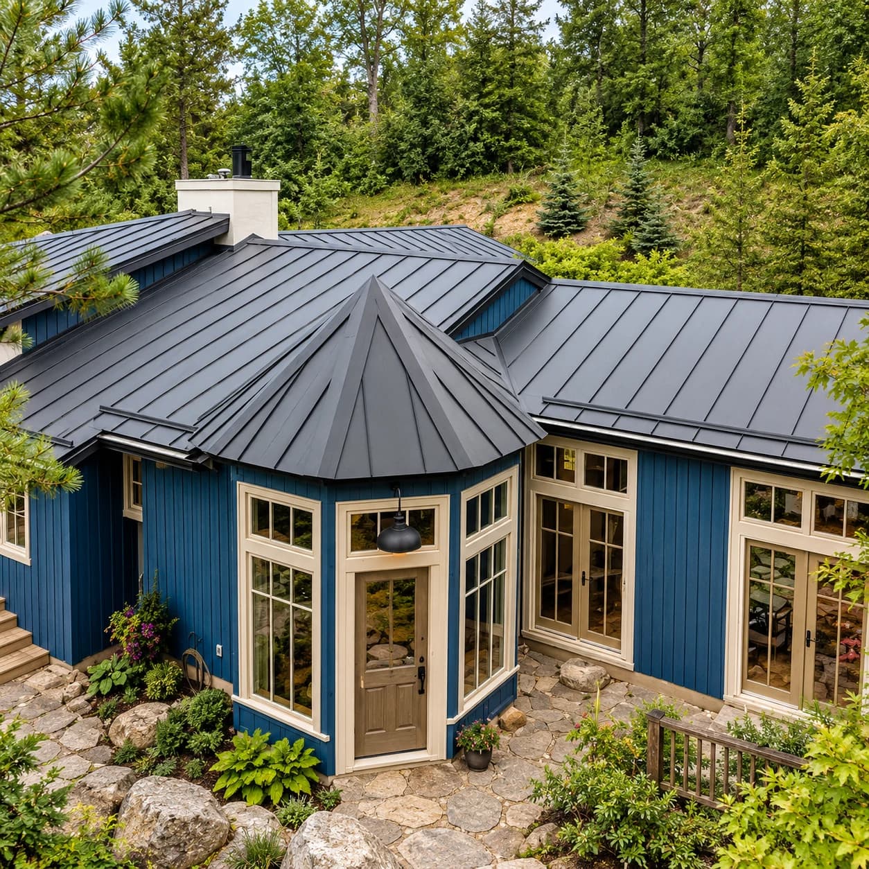 Charcoal standing seam metal roof on a blue cottage surrounded by woodland