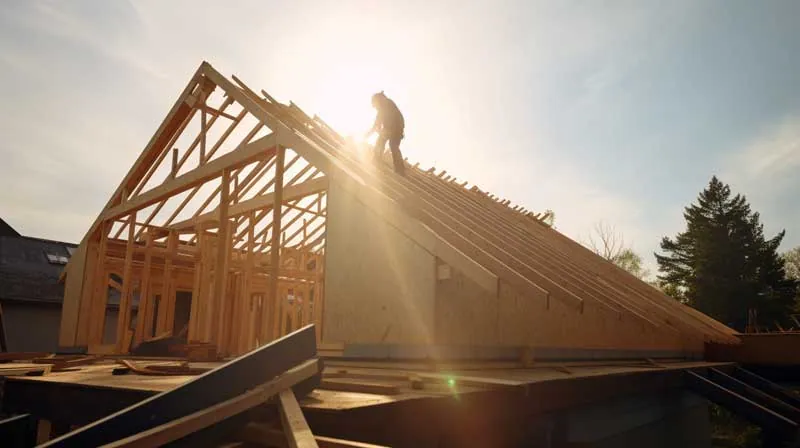 Timber roof framing on a building under construction