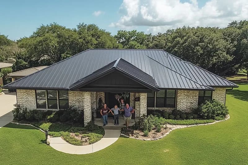 Metal roof on a cottage surrounded by trees