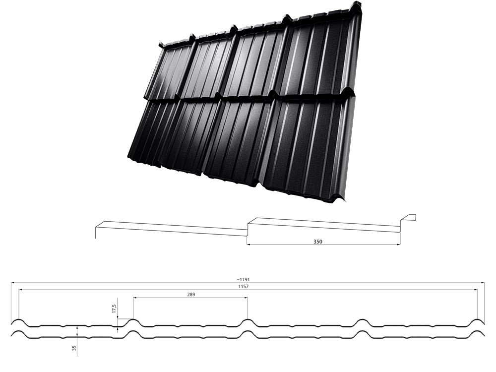 Estima technical drawing showing the panel profile and dimensions in millimetres