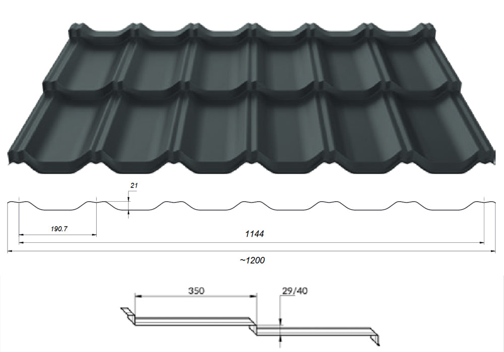 Tremblant technical drawing showing the panel profile and dimensions in millimetres